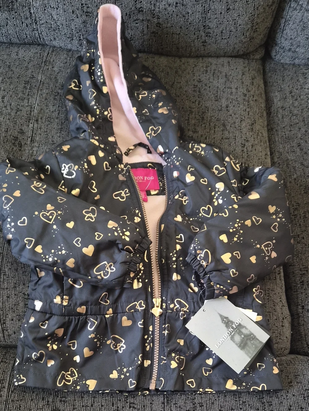London Fog Black Hooded Puffer Jacket with Pink Lining and Gold Heart Print